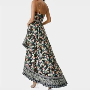 Alice + Olivia Black Floral Strapless Gown with Border Hem